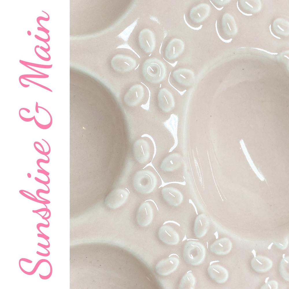Sunshine & Main Pink Ceramic Egg Shaped Deviled Egg Platter Embossed Floral Tray - Picture 5 of 10